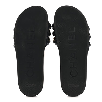 Chanel Satin Canvas Chain Slides Sandals Flats 39 Marine 6 of 10