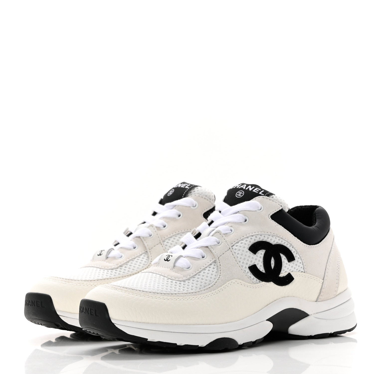 Chanel Mesh Suede Calfskin Grained Calfskin Womens CC Sneakers 37 White Black 3 of 8
