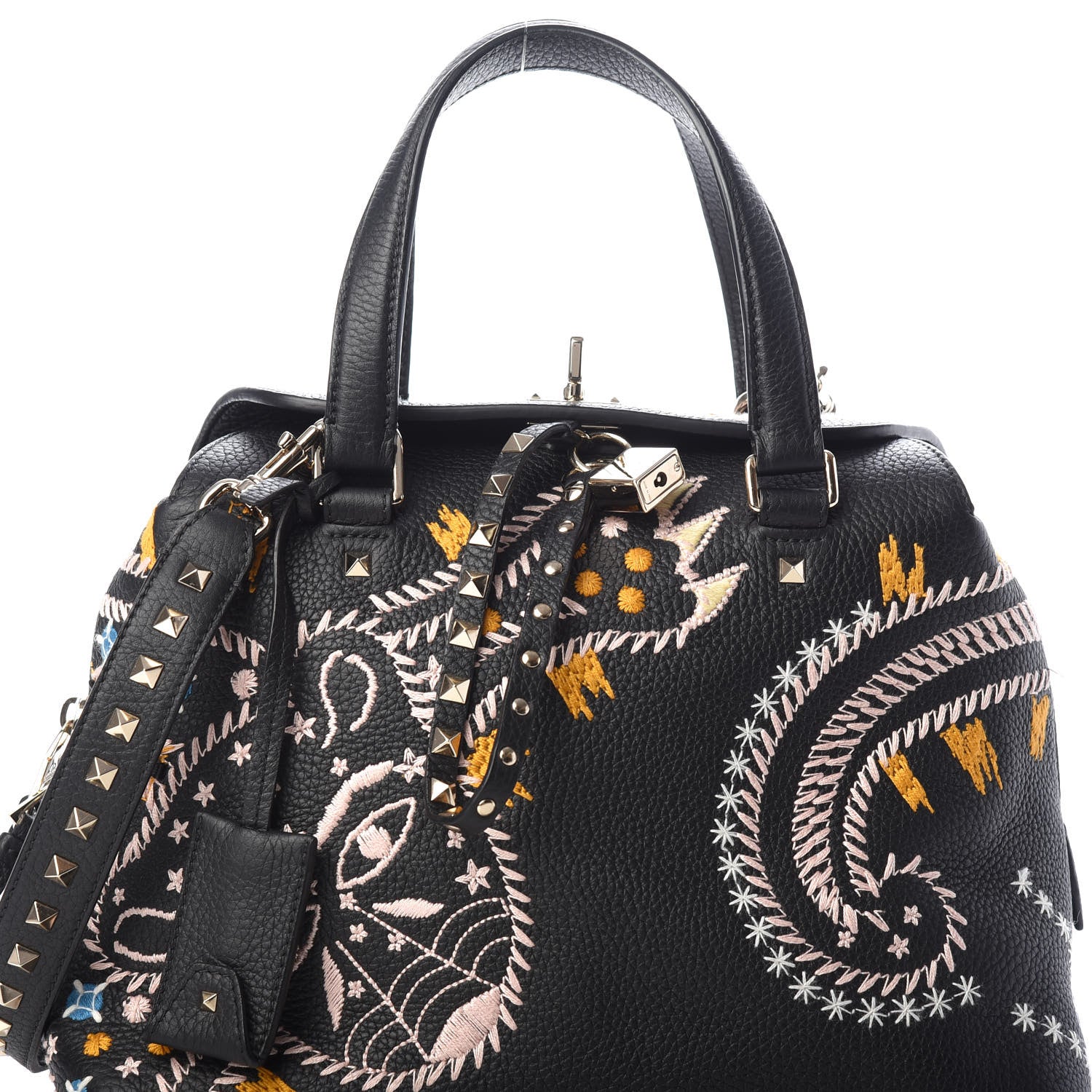 Valentino Garavani Calfskin Embroidered Rockstud Tote Black 7 of 9
