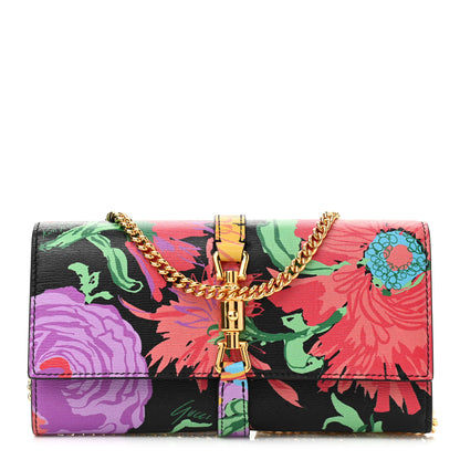 Gucci X KEN SCOTT New Shangai Calfskin Jenny Floral Print Jackie 1961 Chain Wallet Black Pink 1 of 8