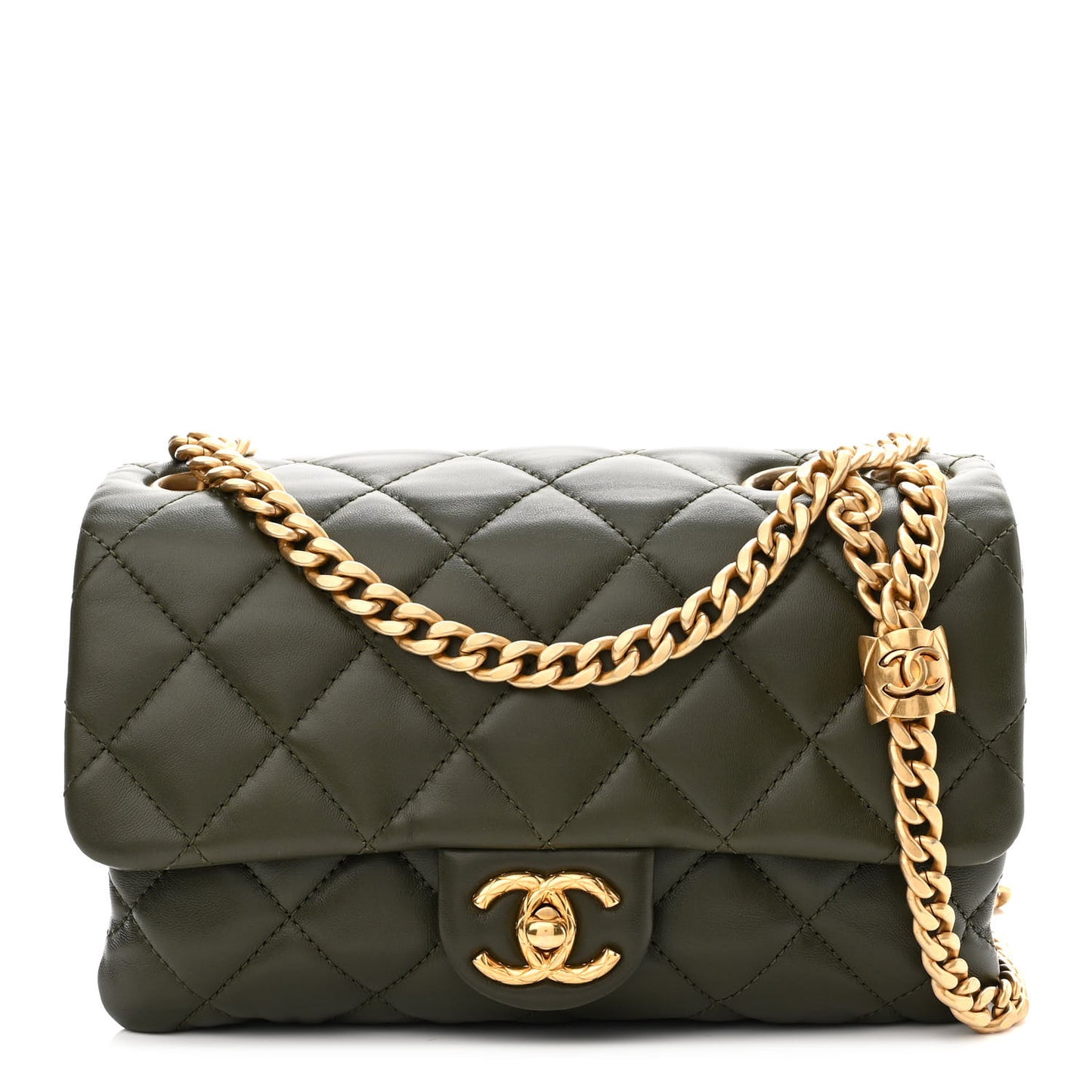 Lambskin Quilted Small Pillow Crush Flap Khaki
