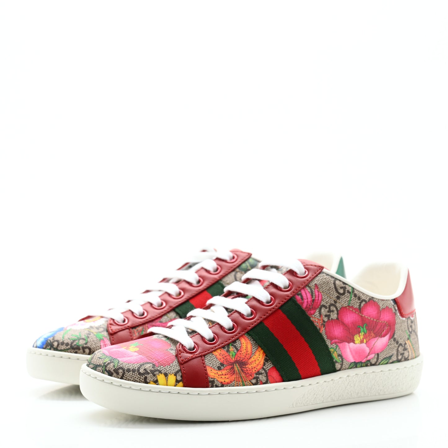 GG Supreme Monogram Flora Web Womens Ace Sneakers 35 Beige Multicolor Rosso