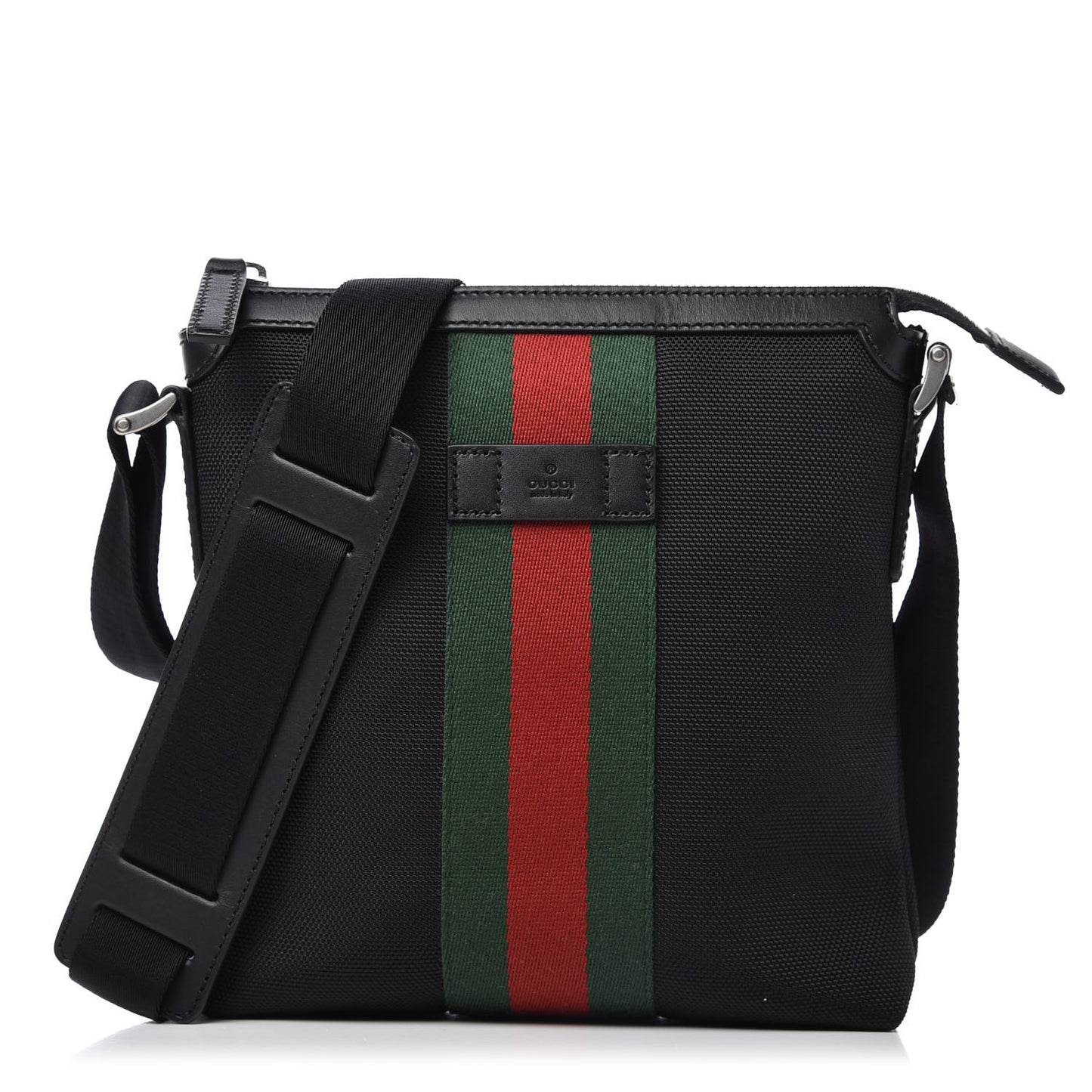 Techno Canvas Selleria Calfskin Web Small Flat Messenger Bag Black