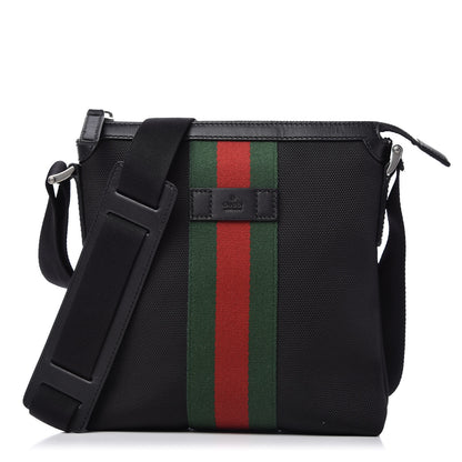 Gucci Techno Canvas Selleria Calfskin Web Small Flat Messenger Bag Black 1 of 11