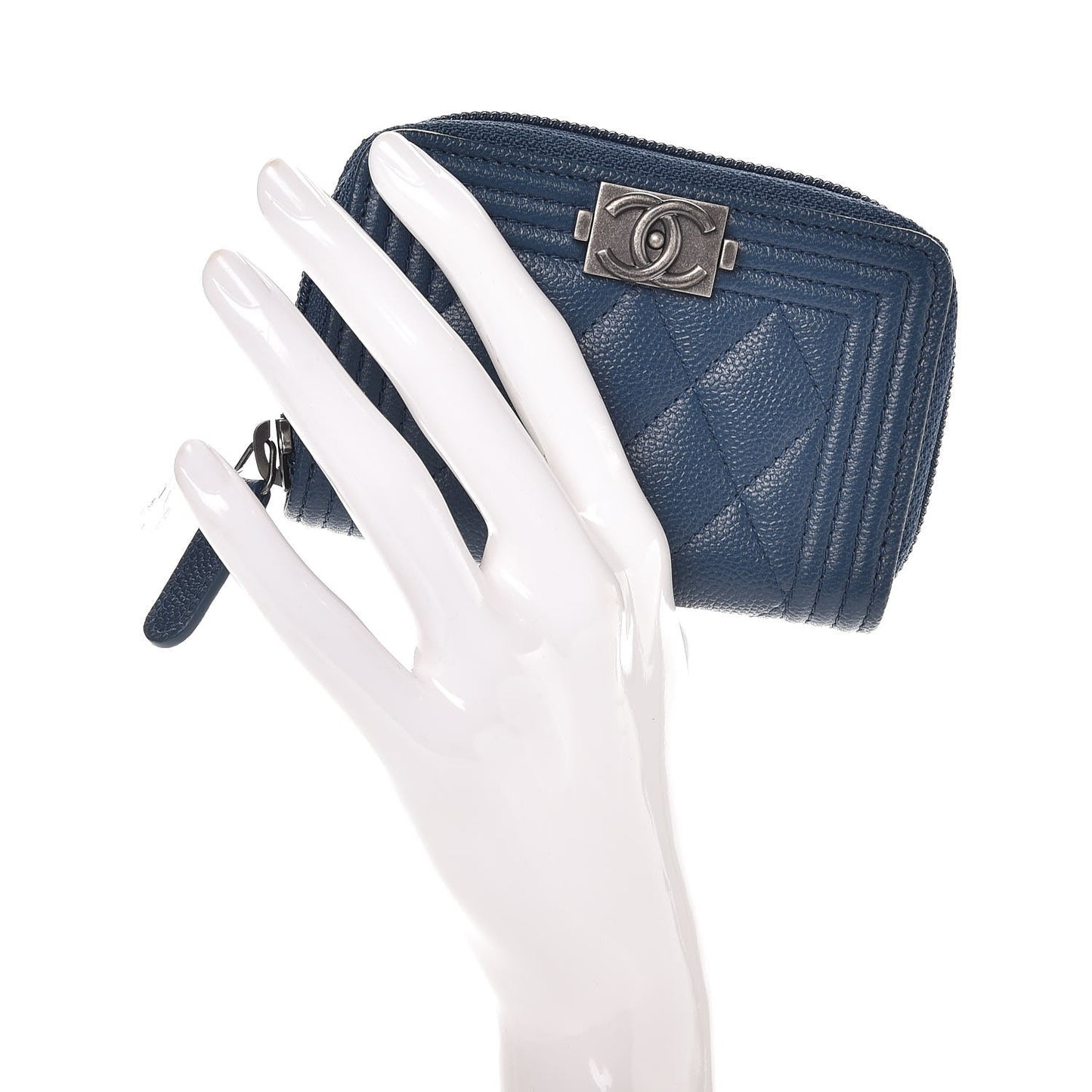 Caviar Quilted Boy Zip Around Coin Purse Wallet Dark Blue
