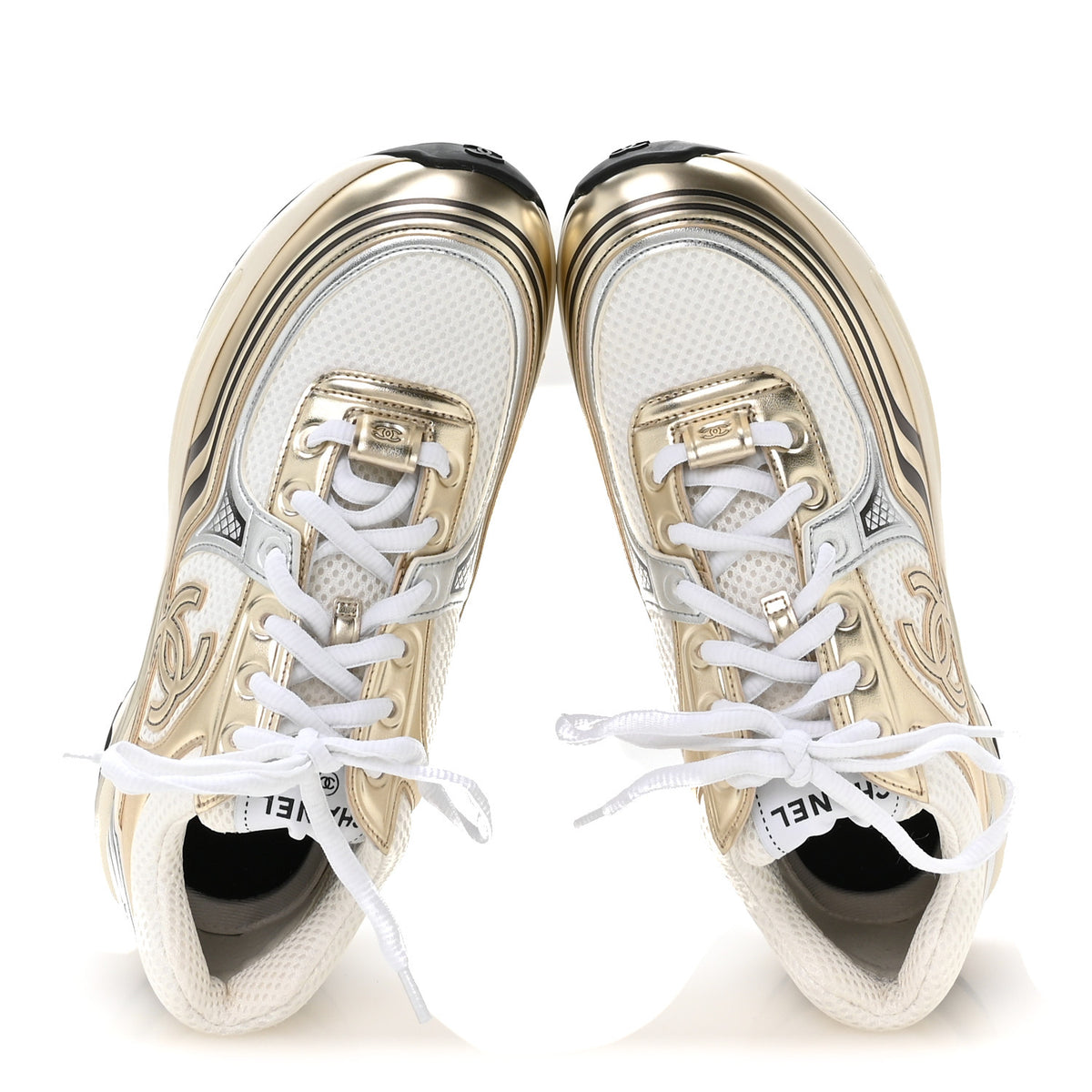 Chanel Fabric Laminated Calfskin Stretch CC Sneakers 38 White Gold Silver 2 of 9