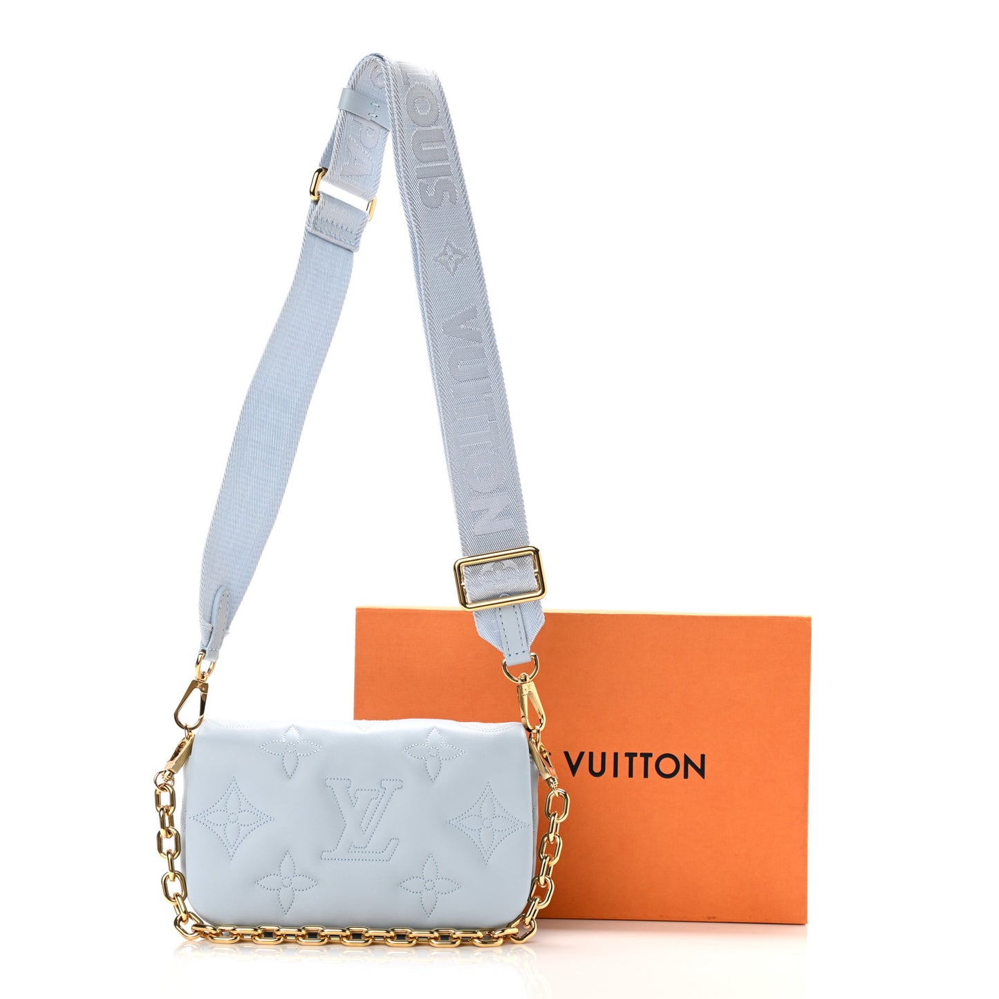Calfskin Bubblegram Wallet On Strap Ice Blue