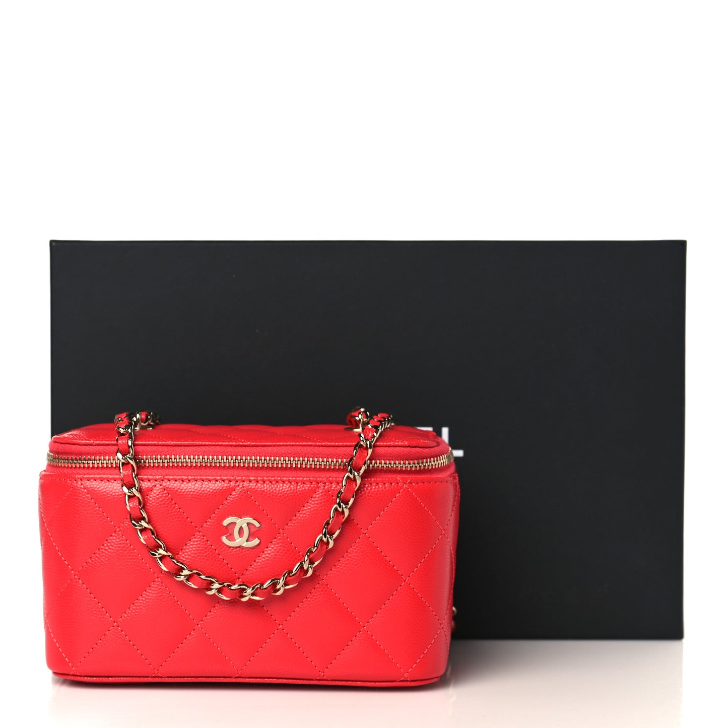 Caviar Quilted Small Vanity Case With Chain Red