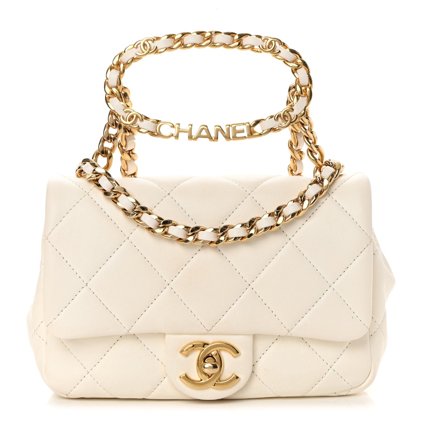 Lambskin Quilted Logo Mini Flap With Handle White