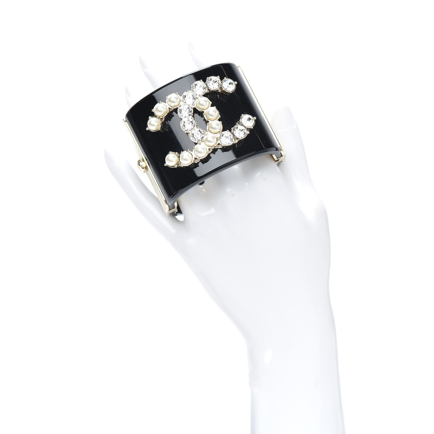 Chanel Resin Crystal Pearl Dazzling Domino CC Cuff Bracelet Black 2 of 4