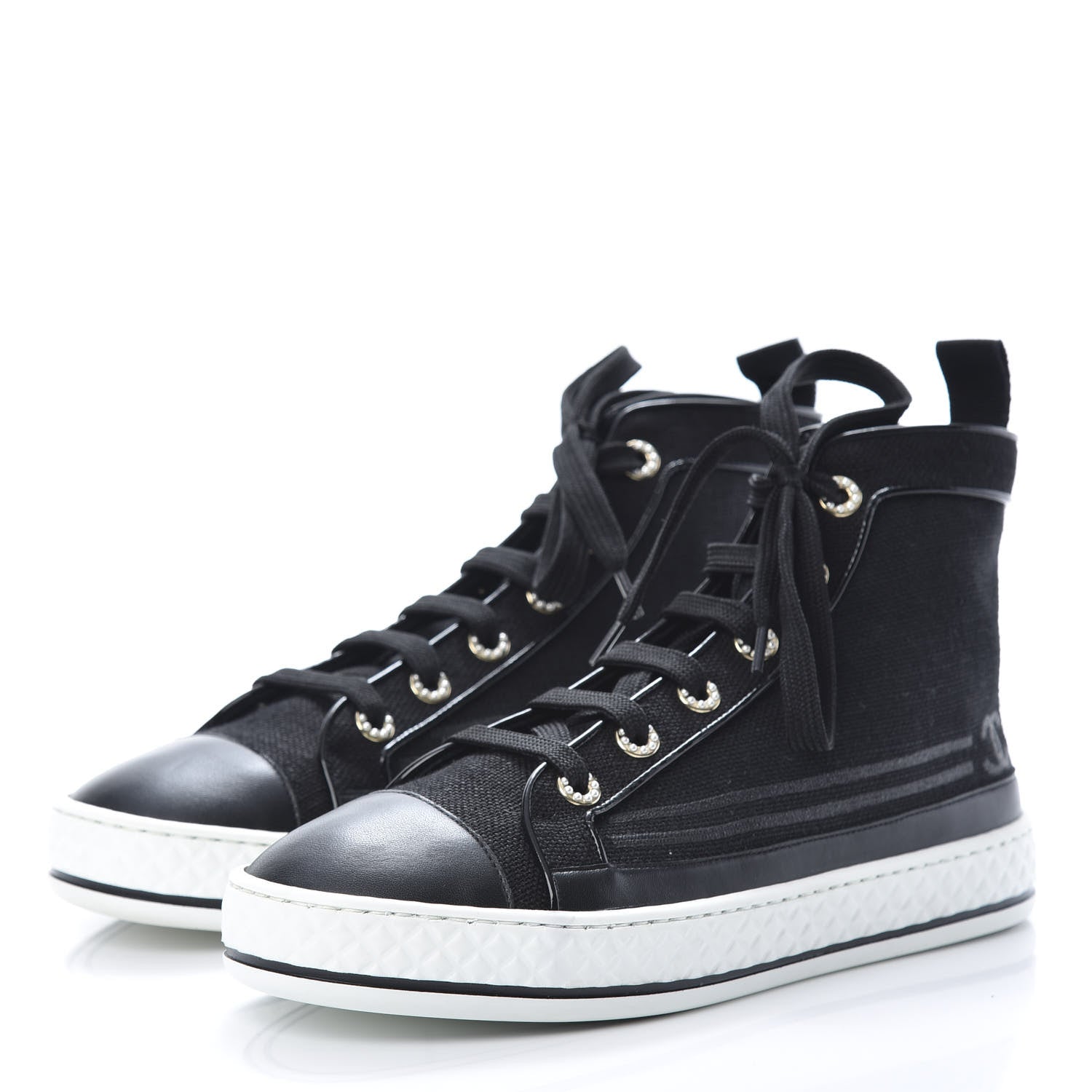 Chanel Fabric Lambskin Lace Up Cap Toe Sneakers 38 Black 3 of 9