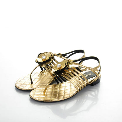 Chanel Crumpled Calfskin Camellia Pearl Thong Sandals 36.5 Gold 3 of 7