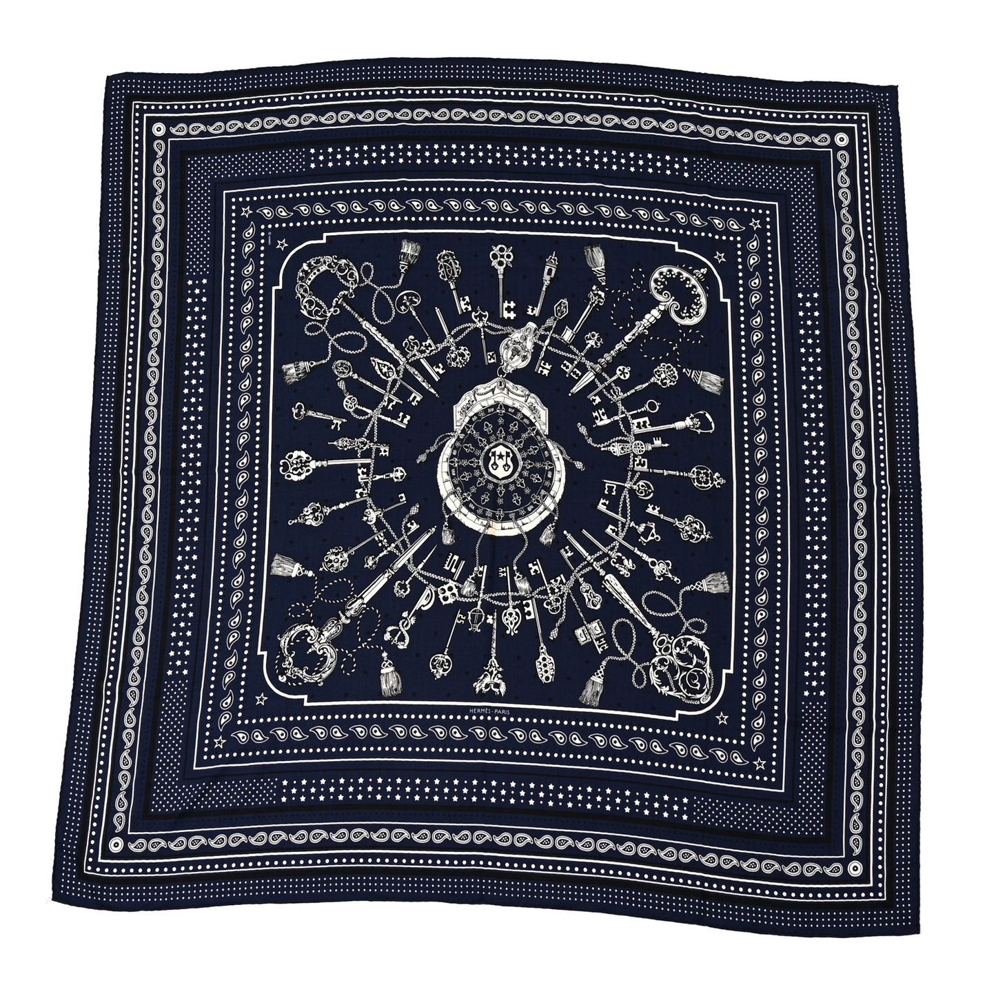 Cashmere Silk Les Cles Bandana Shawl 140 Marine Black White