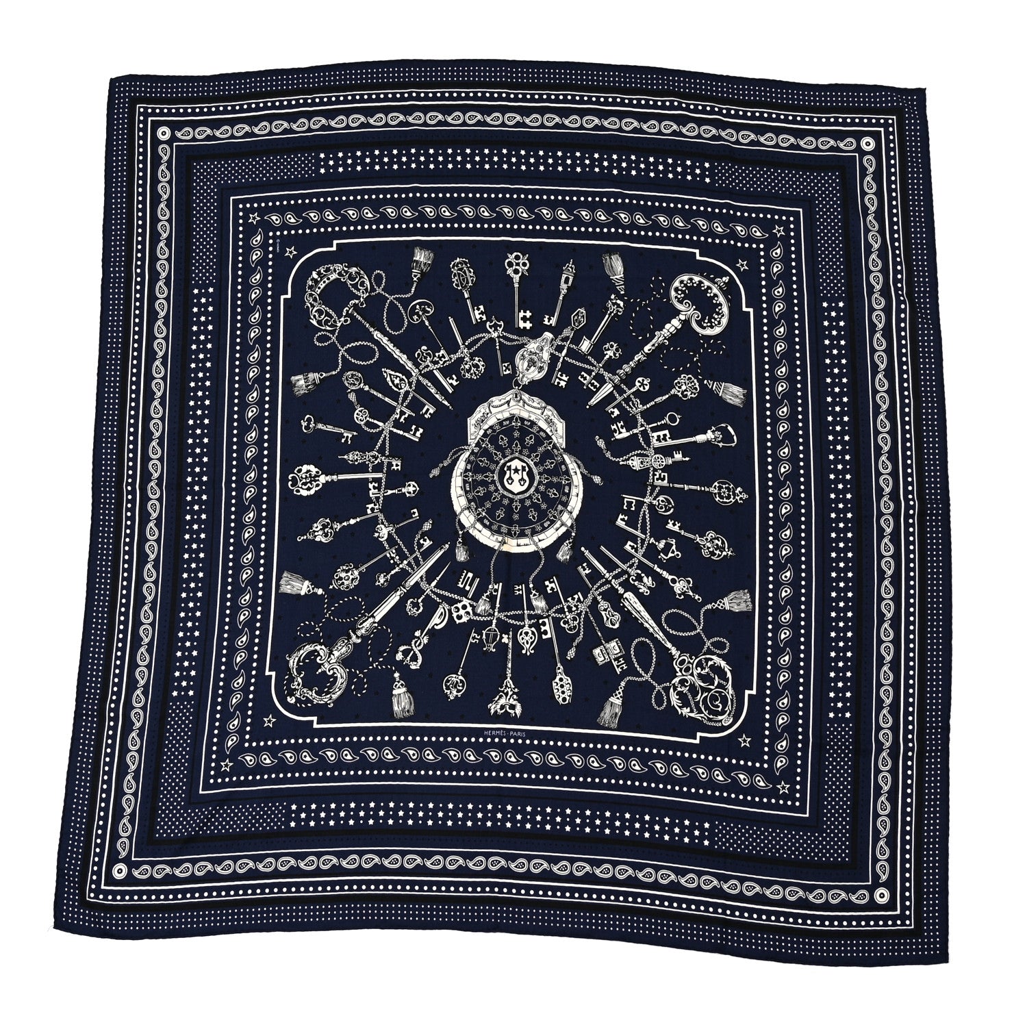 Hermes Cashmere Silk Les Cles Bandana Shawl 140 Marine Black White 1 of 6