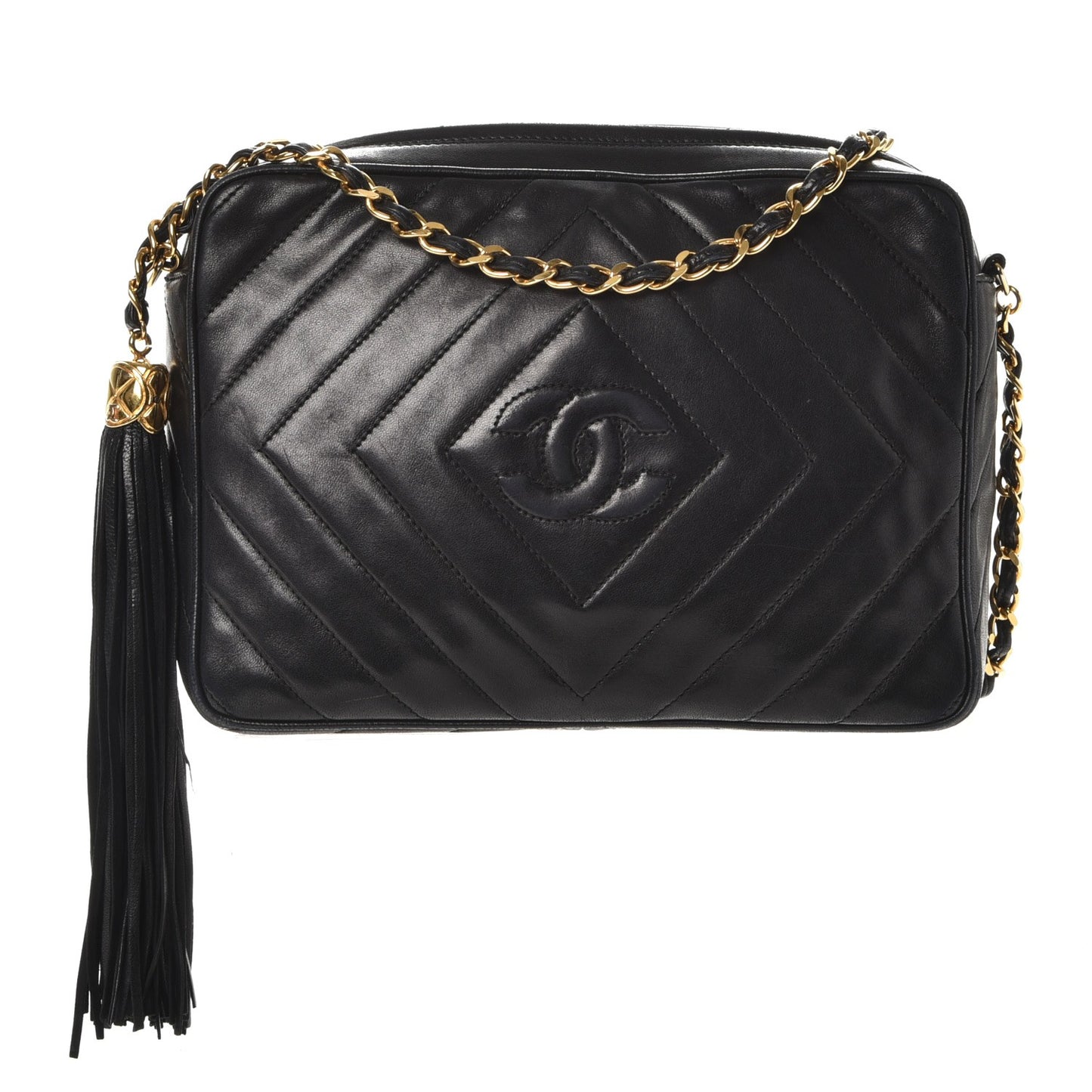 Lambskin Chevron Quilted Tassel Camera Case Black