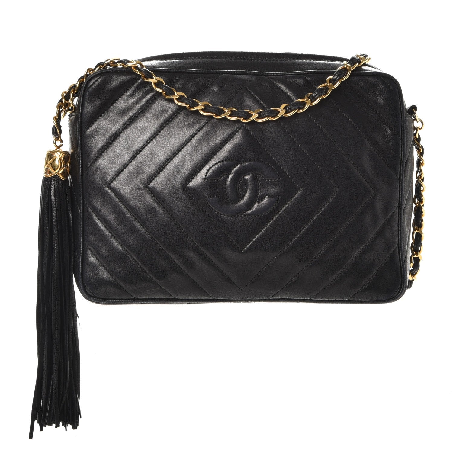 Chanel Lambskin Chevron Quilted Tassel Camera Case Black 1 of 10