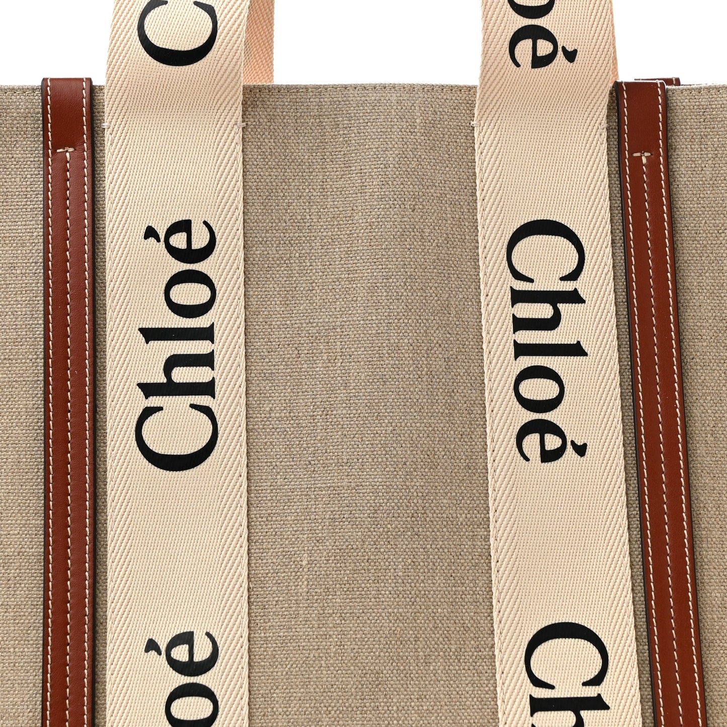 Linen Calfskin Large Woody Ribbon Tote White Brown