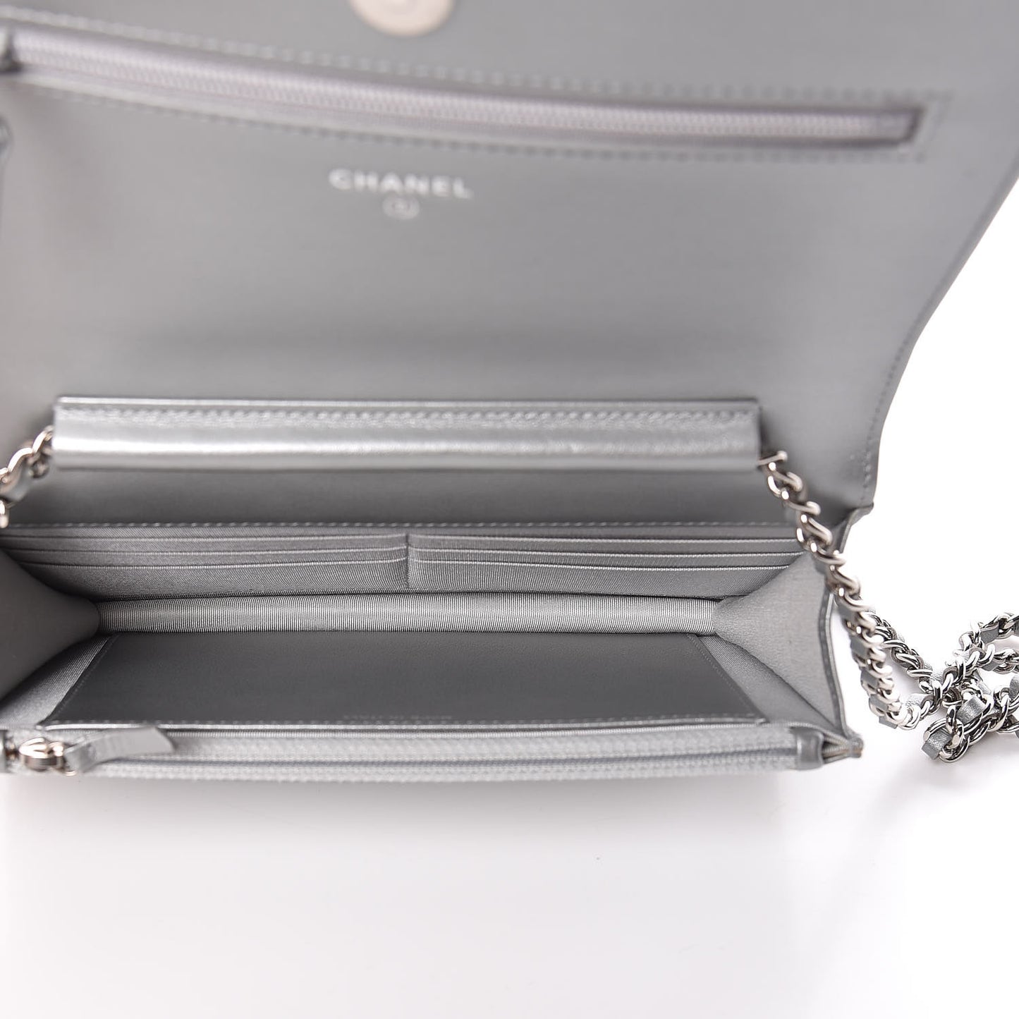 Metallic Lambskin Camellia Crystal Wallet on Chain WOC Silver