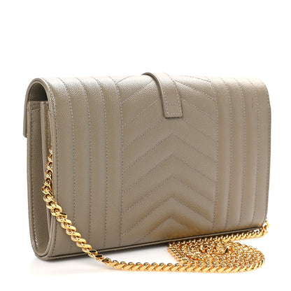 Saint Laurent Grain De Poudre Mixed Matelasse Triquilt Monogram Chain Wallet Dark Beige 3 of 9