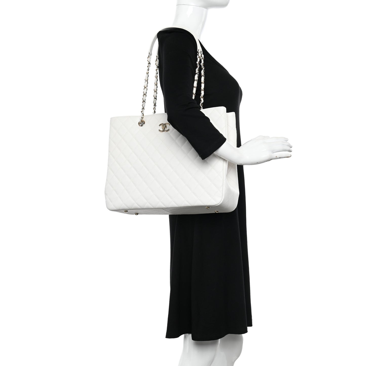 Caviar Quilted Large Classic Shopping Tote White