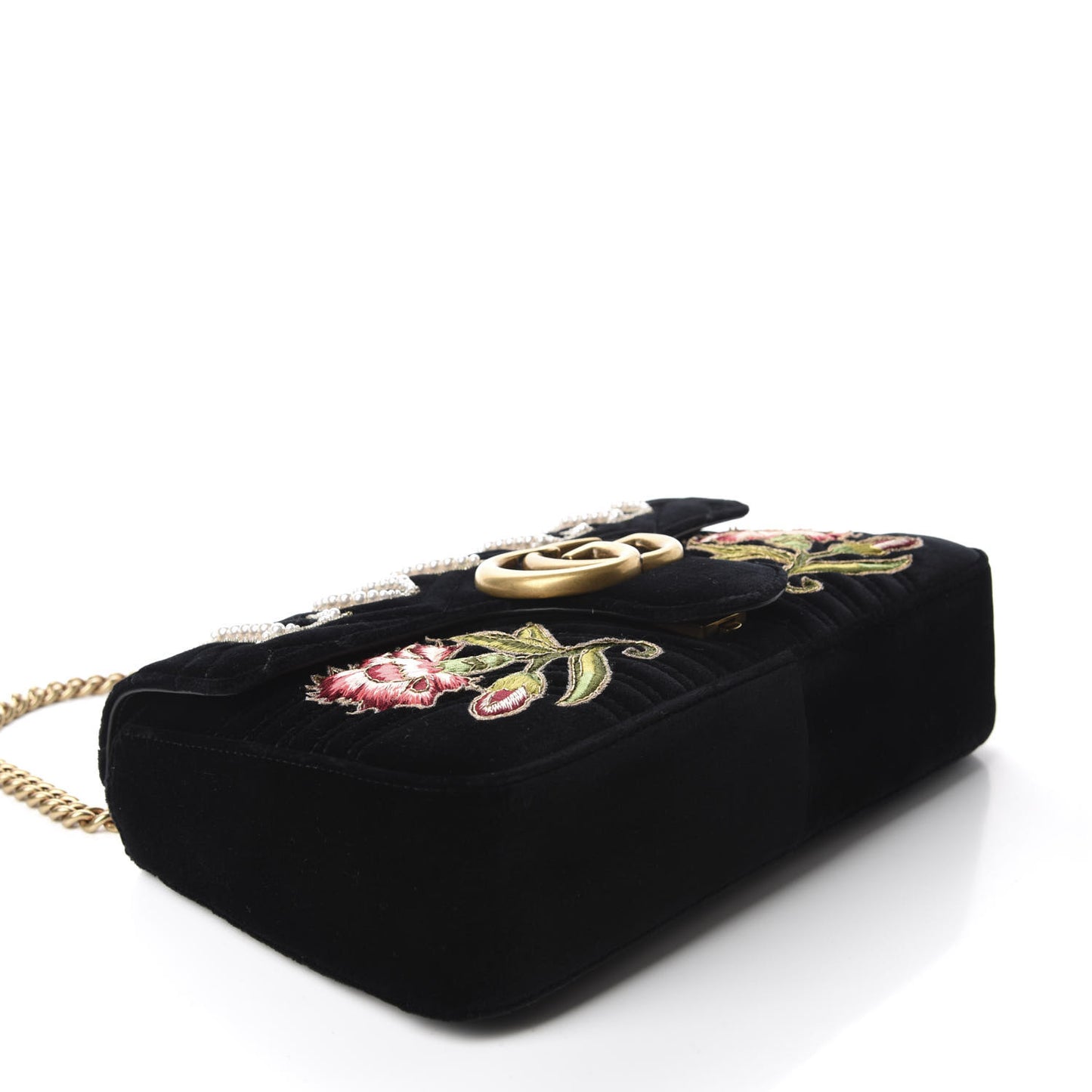 Velvet Matelasse Loved Embroidered Medium GG Marmont Shoulder Bag Black