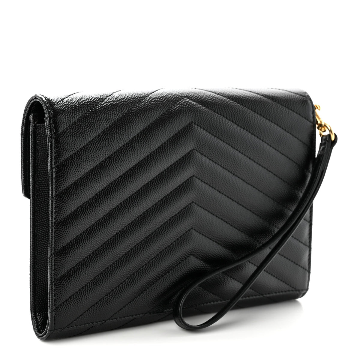 Pre-owned black Saint Laurent Cassandre Clutch showing its leather, corners and raised hardware.