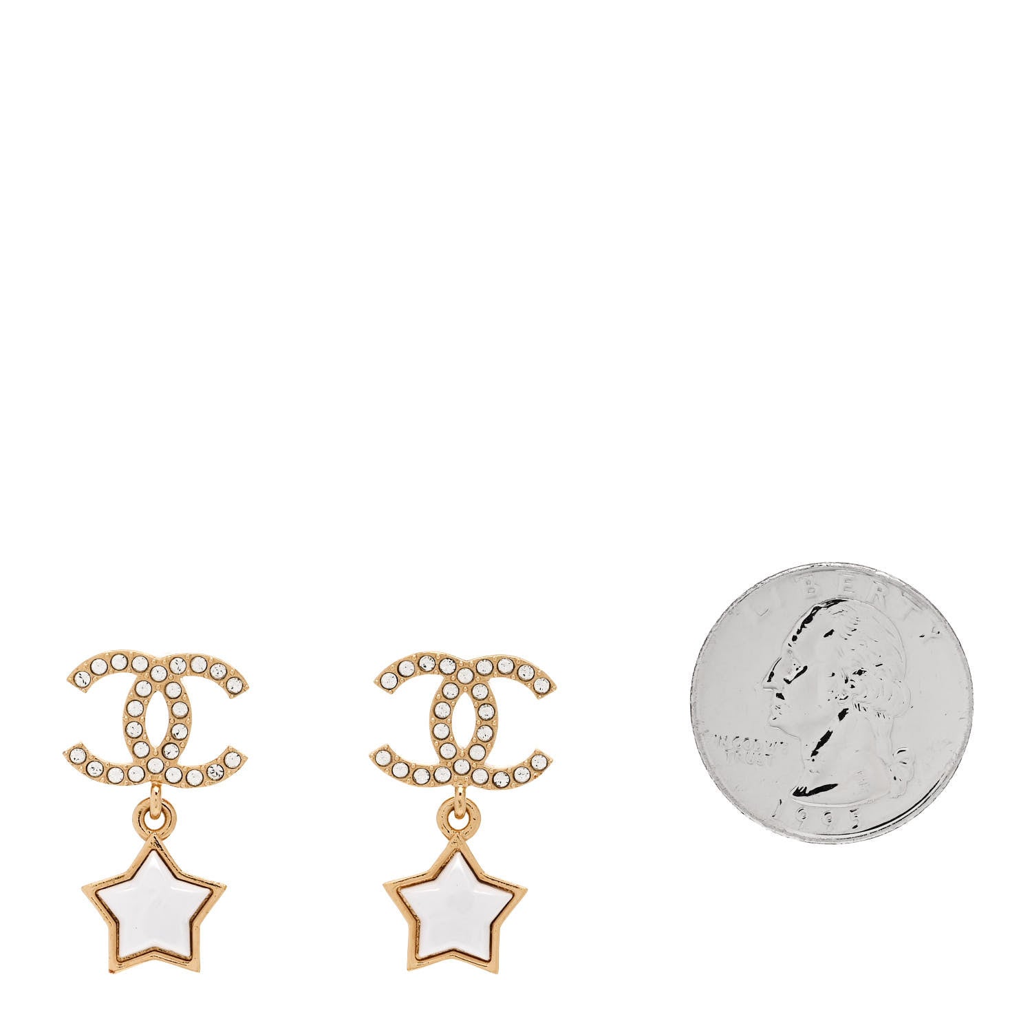 Chanel Metal Crystal Pearl CC Star Earrings Gold Pearly White 2 of 5