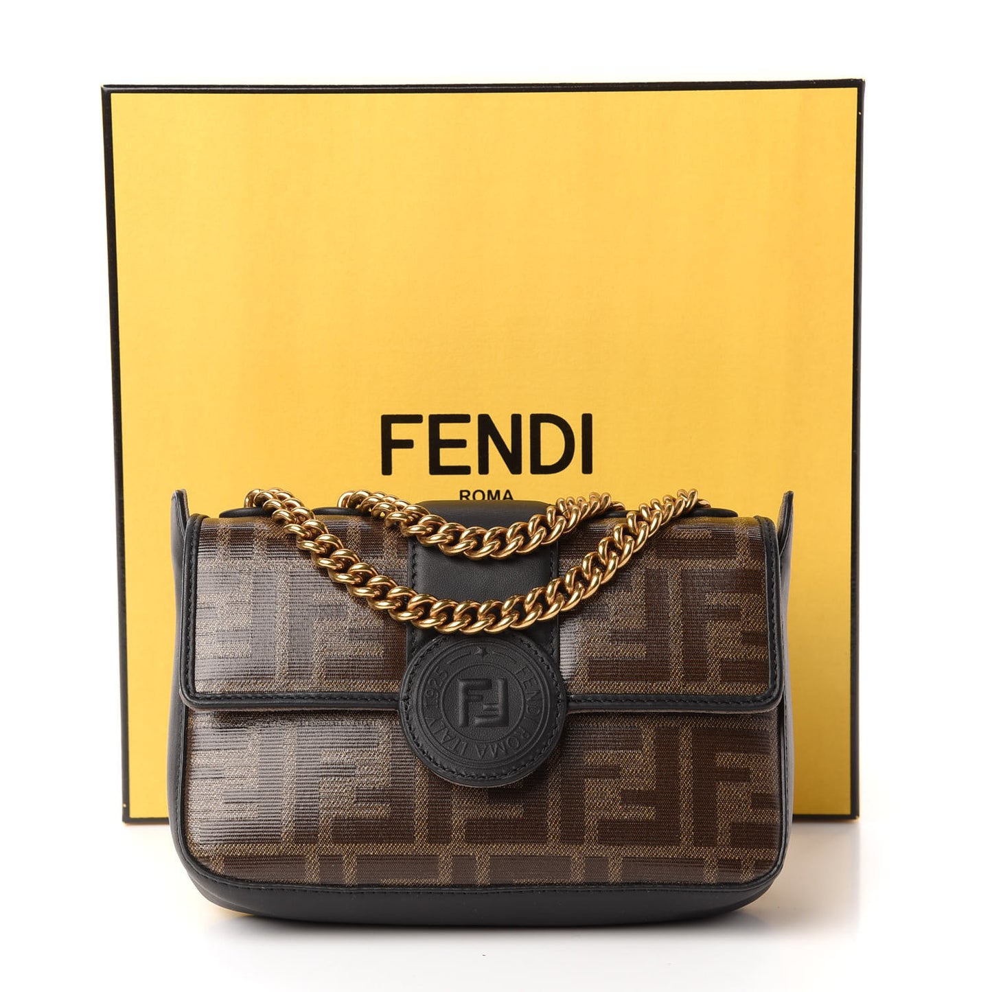 Glazed Fabric Vitello Century FF 1974 Stamp Patch Mini Double F Crossbody Bag Mogano Panna Black