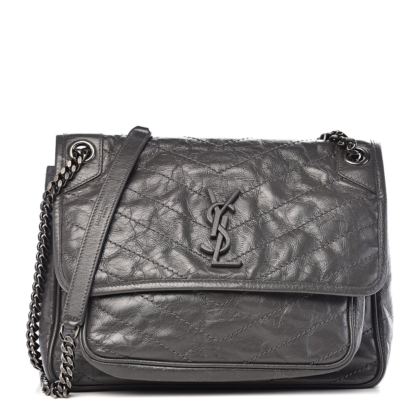 Crinkled Calfskin Matelasse Monogram Medium Niki Chain Satchel Fog