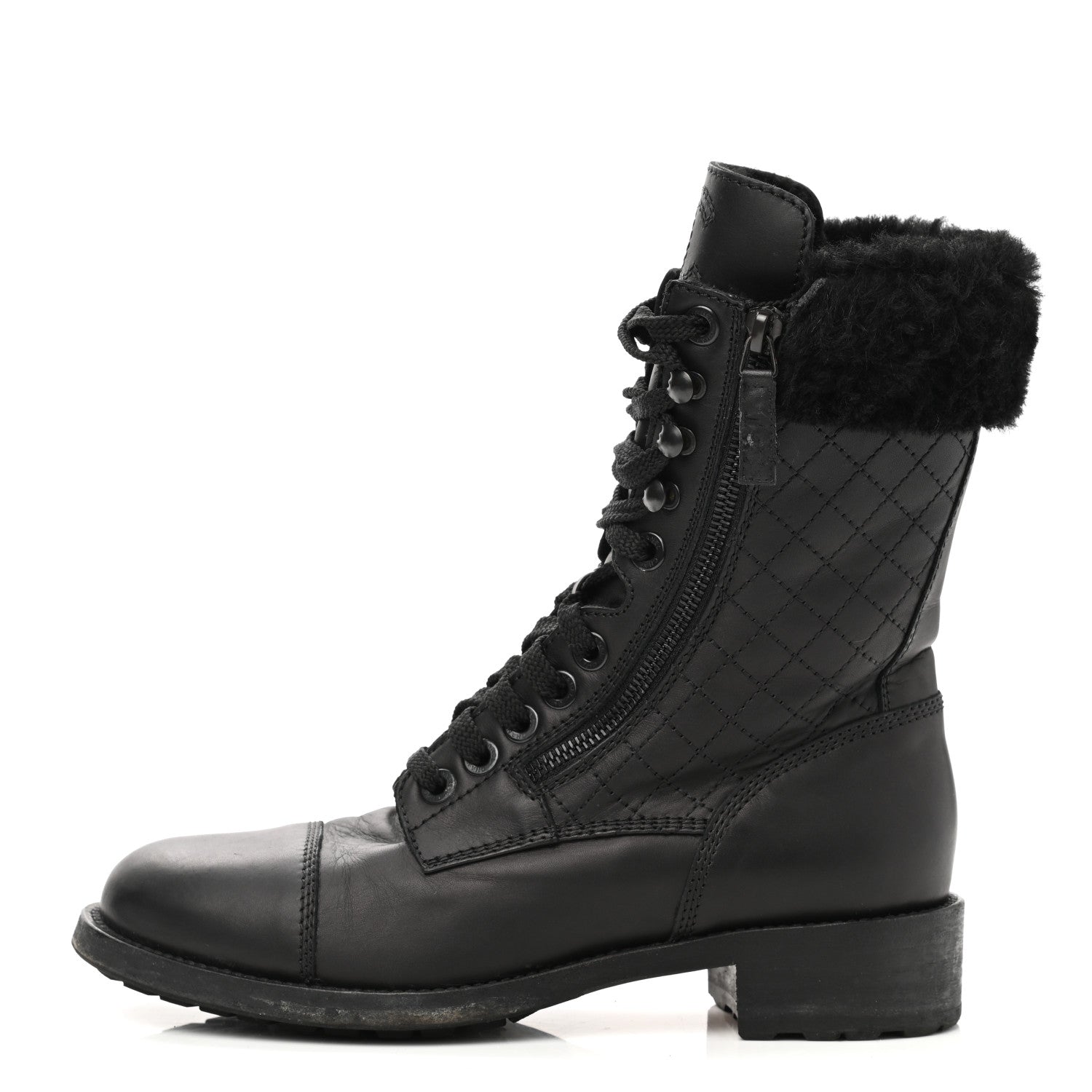 Chanel Calfskin Shearling Quilted Cap Toe Combat Boots 39.5 Black 1 of 9