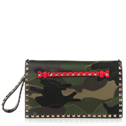 Valentino Garavani Nappa Canvas Camouflage Rockstud Wristlet Clutch Verde Rouge 1 of 7