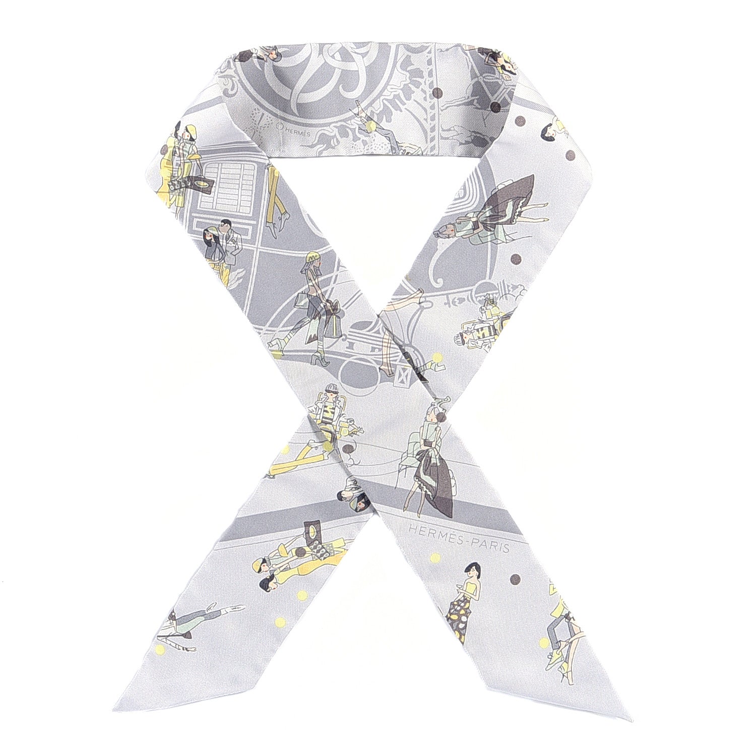 Hermes Silk Ex-Libris Les Parisiennes Twilly Gris Perle Jaune 1 of 6