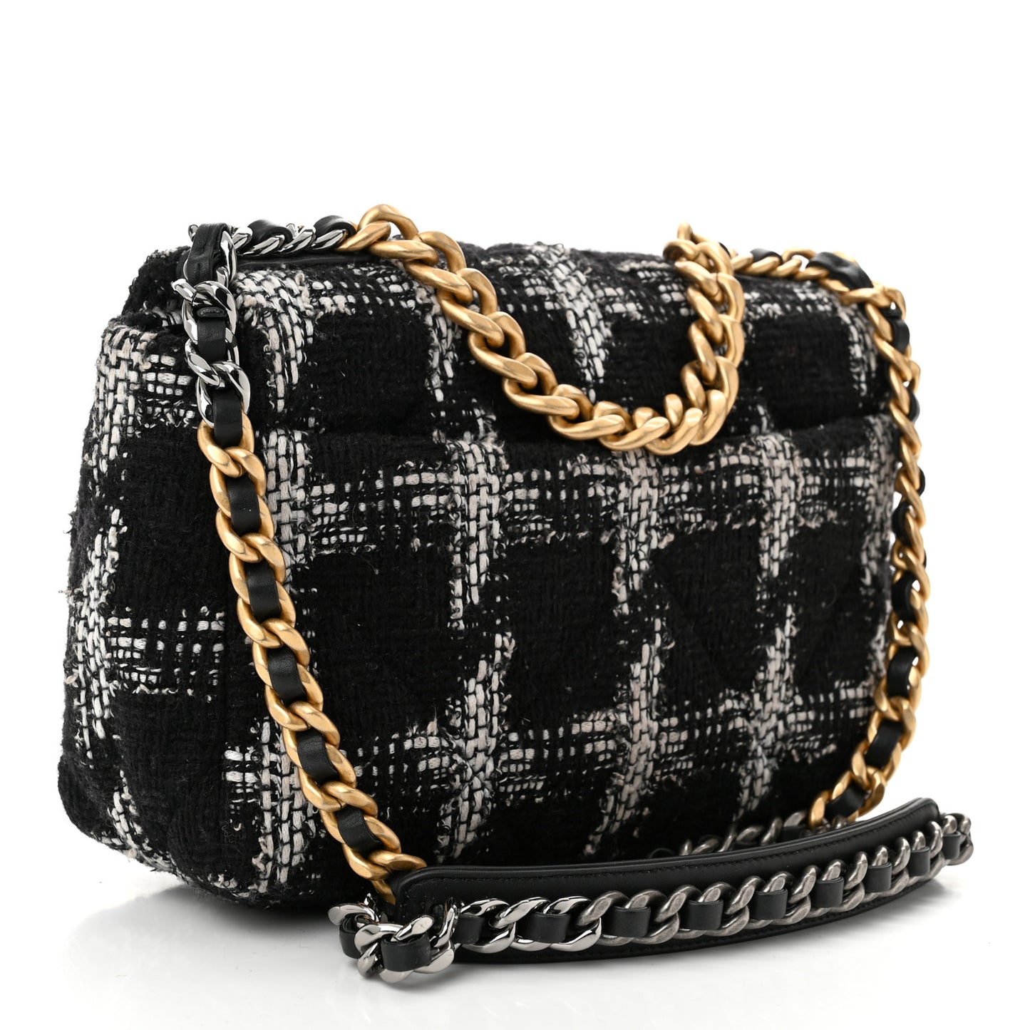 Tweed Houndstooth Quilted Medium Chanel 19 Flap Black White
