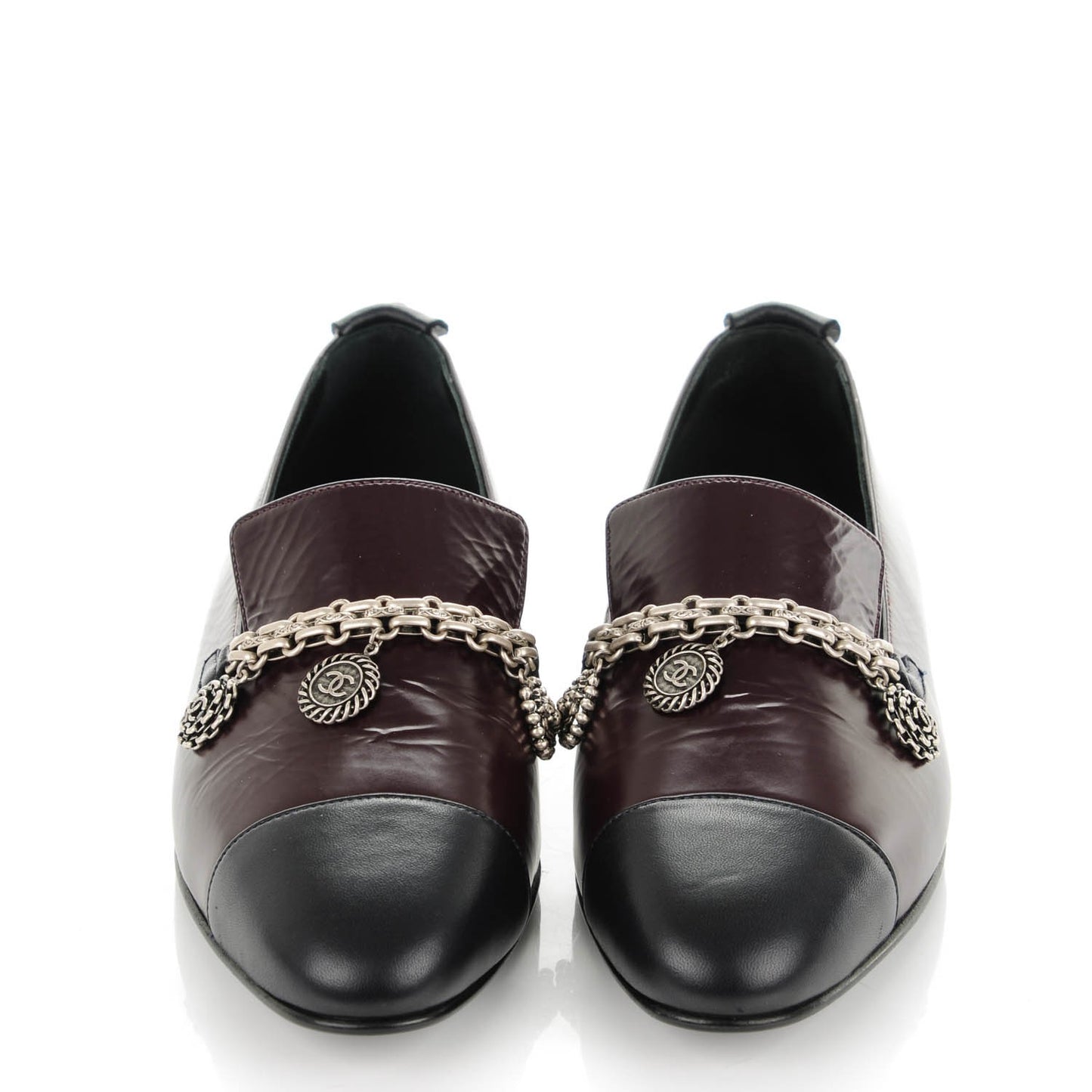 Crackled Goatskin Lambskin Cap Toe CC Charm Loafers 37.5 Dark Burgundy Navy