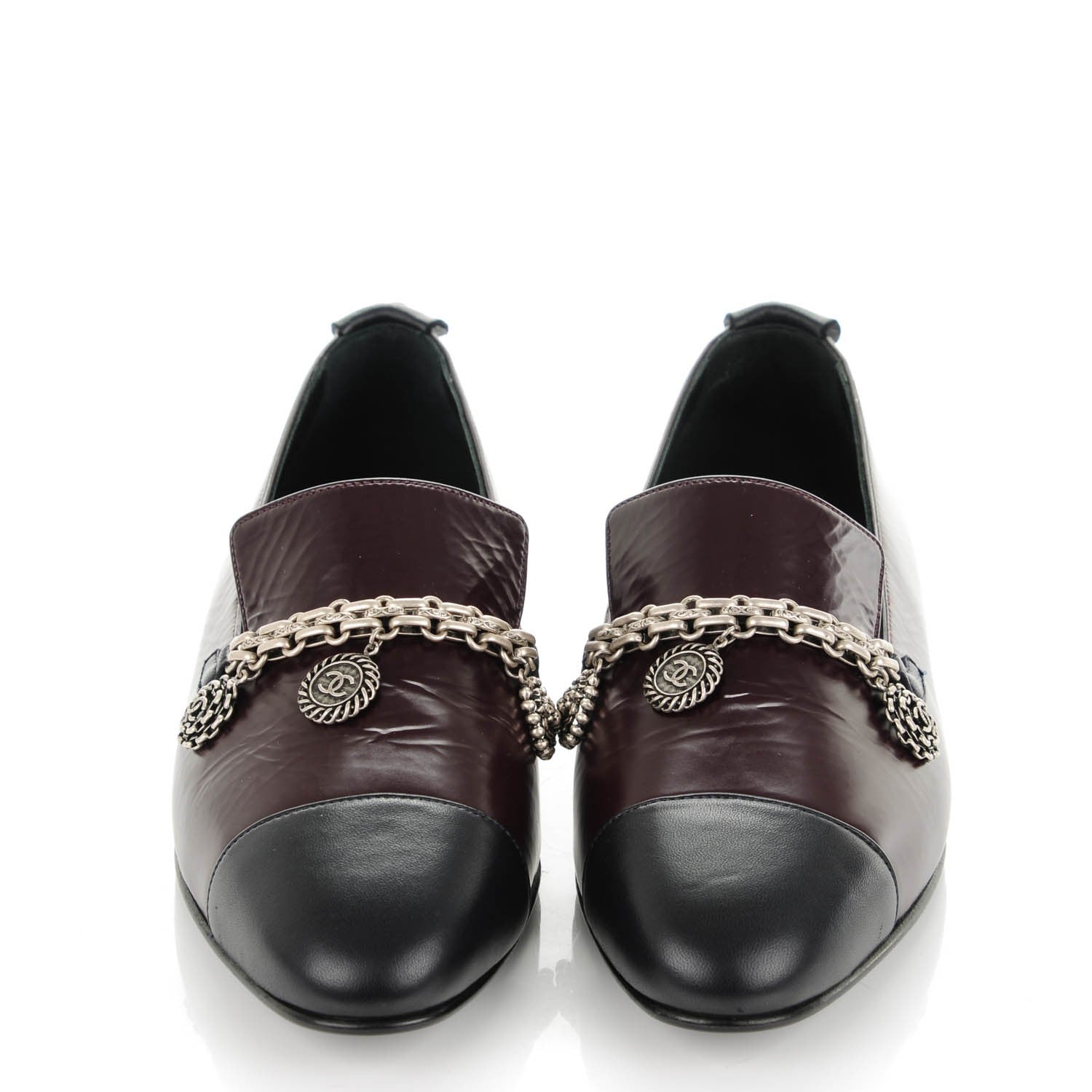 Chanel Crackled Goatskin Lambskin Cap Toe CC Charm Loafers 37.5 Dark Burgundy Navy 2 of 8