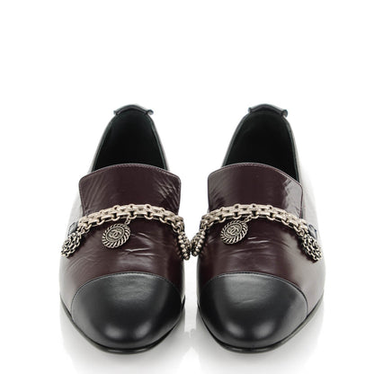 Chanel Crackled Goatskin Lambskin Cap Toe CC Charm Loafers 37.5 Dark Burgundy Navy 2 of 8