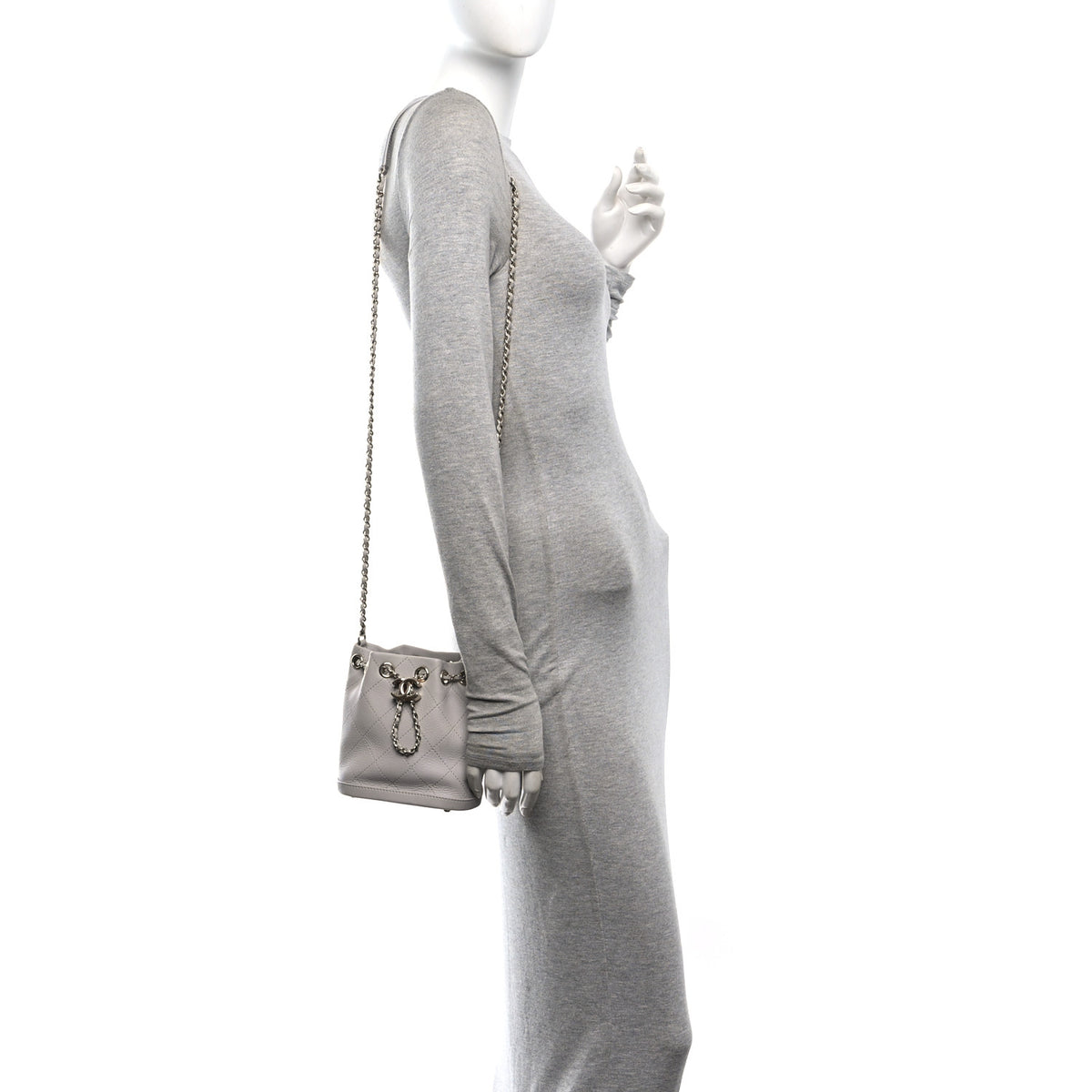 Chanel Goatskin Stitched Chain Bucket Bag Light Grey 2 of 11