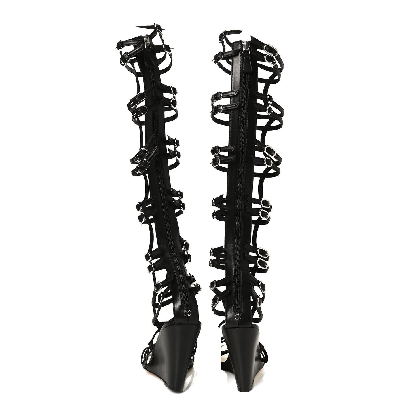 Metallic Lambskin Gladiator Wedge Strap Sandals 40 Argent Black