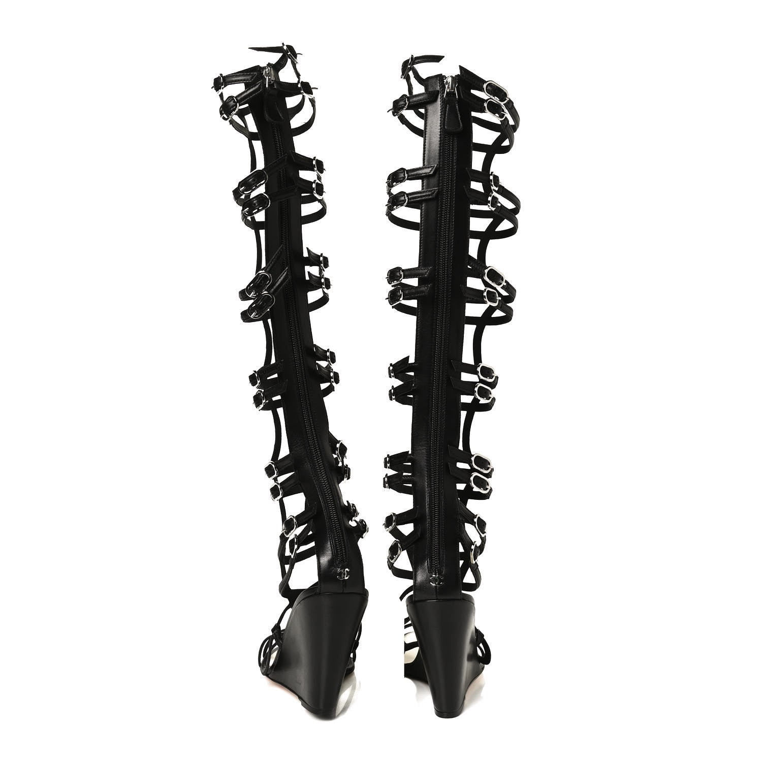 Chanel Metallic Lambskin Gladiator Wedge Strap Sandals 40 Argent Black 6 of 9