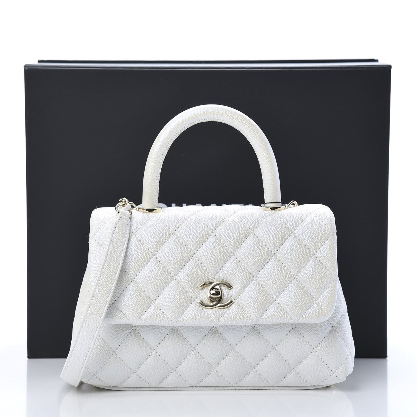 Iridescent Caviar Quilted Mini Coco Handle Flap White