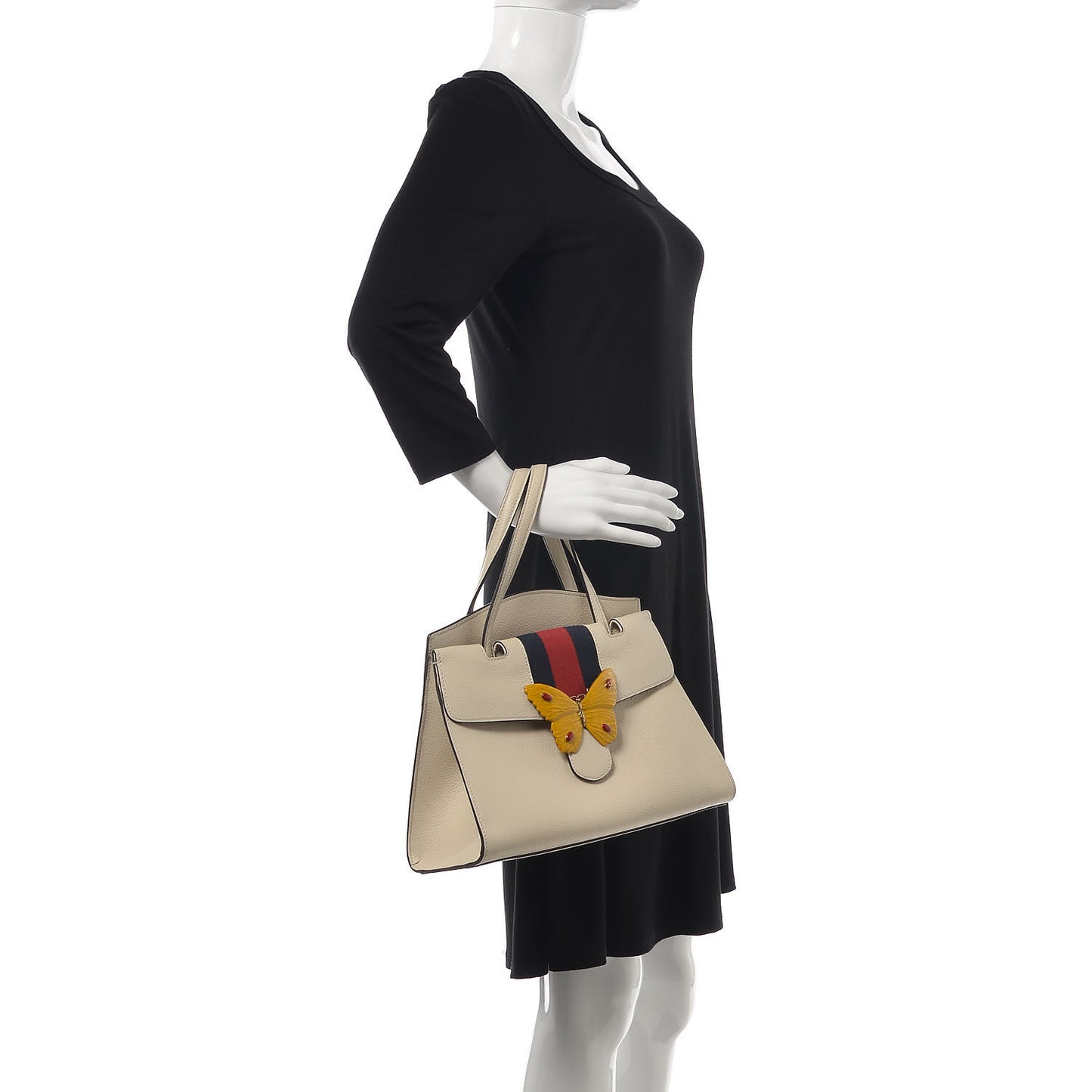 Grained Calfskin Web Stripe Butterfly Medium Totem Top Handle Bag White