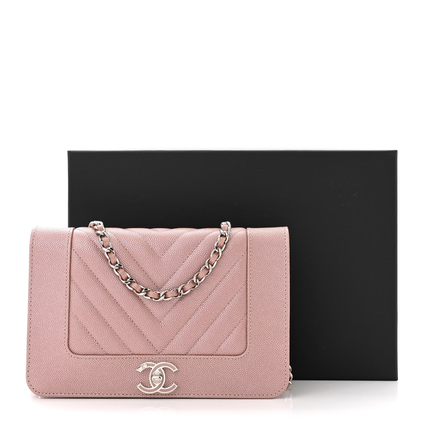Metallic Caviar Chevron Quilted Vintage Mademoiselle Wallet On Chain WOC Pink