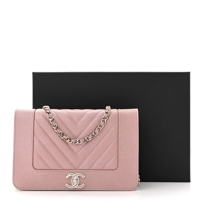 Chanel Metallic Caviar Chevron Quilted Vintage Mademoiselle Wallet On Chain WOC Pink 12 of 12