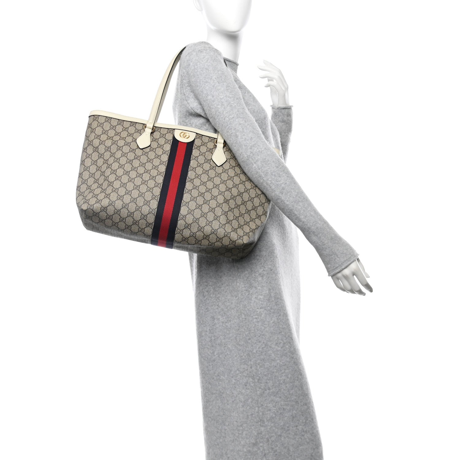 Gucci GG Supreme Monogram Textured Dollar Calfskin Web Medium Ophidia Shopping Tote Beige Ebony Mystic White 2 of 12
