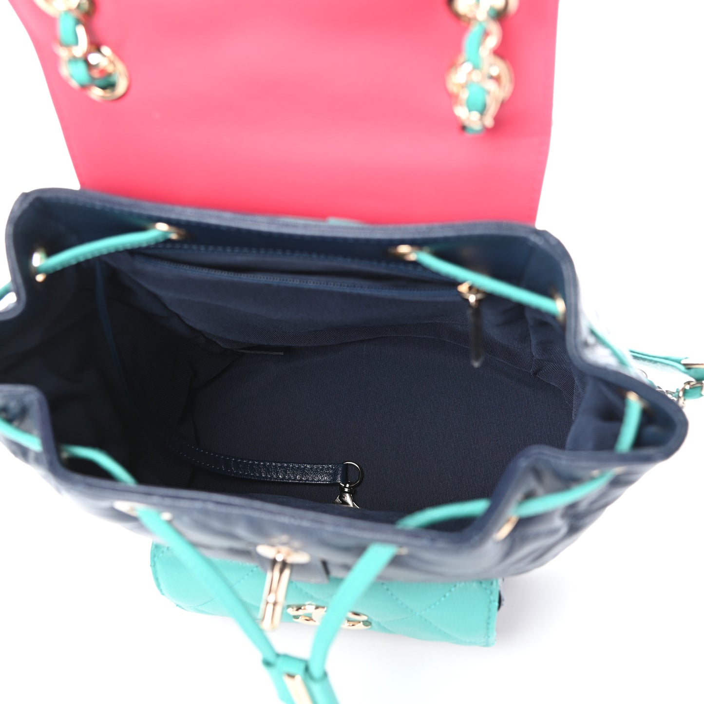 Goatskin Quilted Duma Drawstring Backpack Navy Turquoise Pink