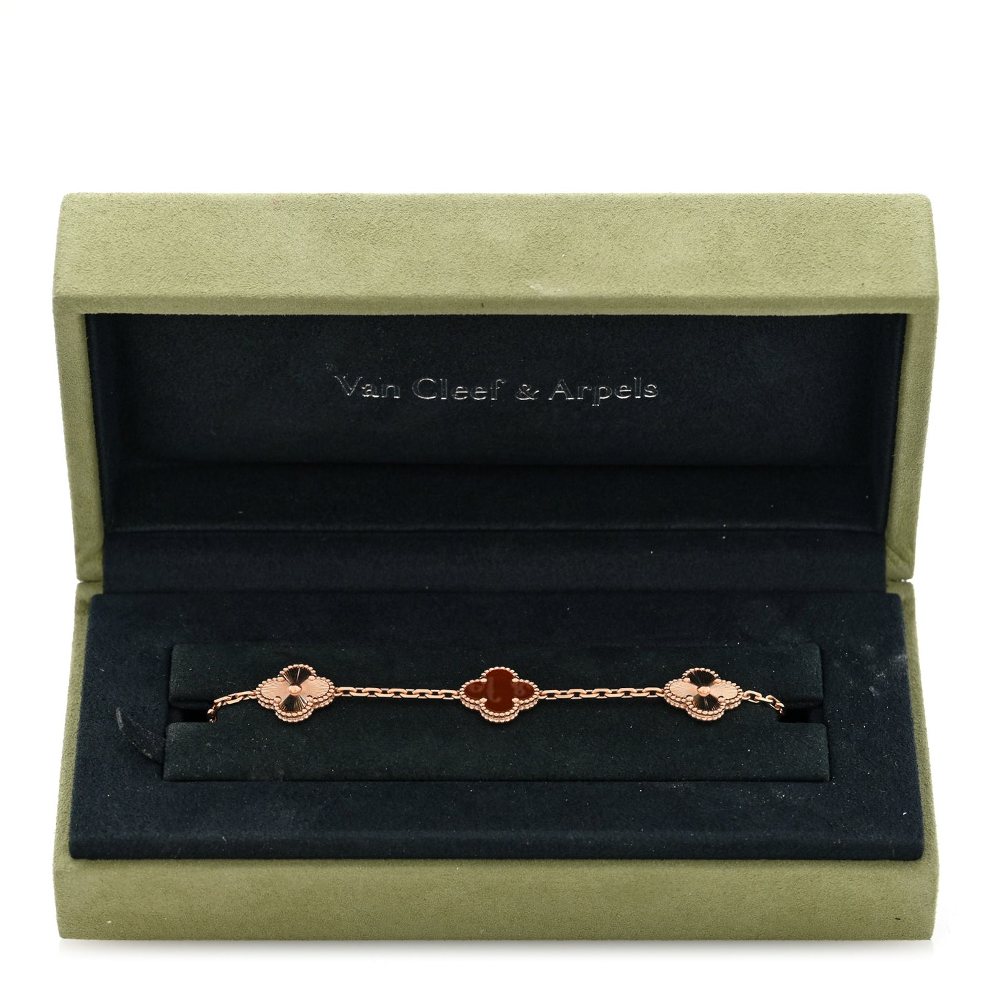 18K Rose Gold Carnelian 5 Motifs Guilloche Vintage Alhambra Bracelet