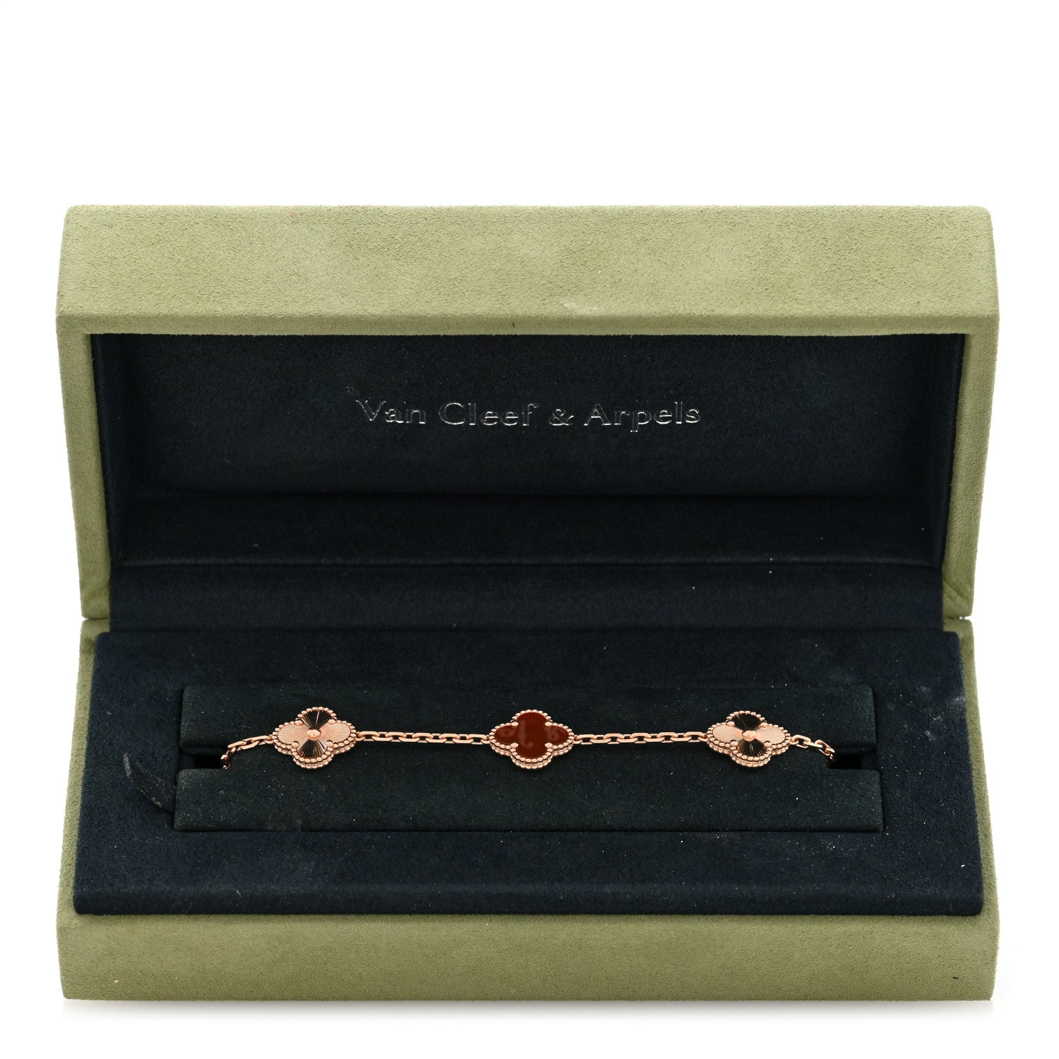 Van Cleef & Arpels 18K Rose Gold Carnelian 5 Motifs Guilloche Vintage Alhambra Bracelet 4 of 4