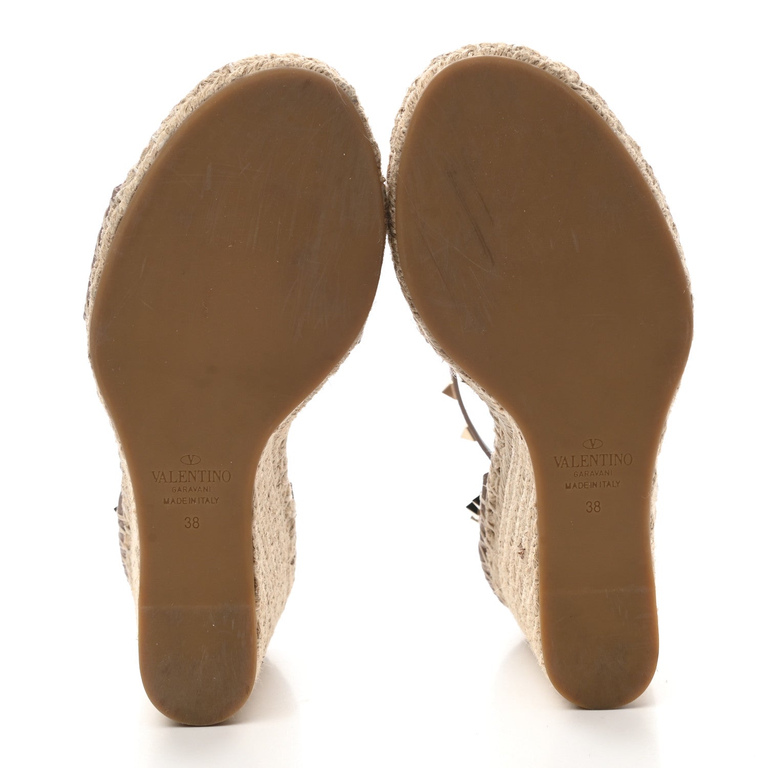 Valentino Garavani Grained Calfskin Rockstud Ankle Strap Espadrille 15/105mm Wedge Sandals 38 Poudre Natural 5 of 9