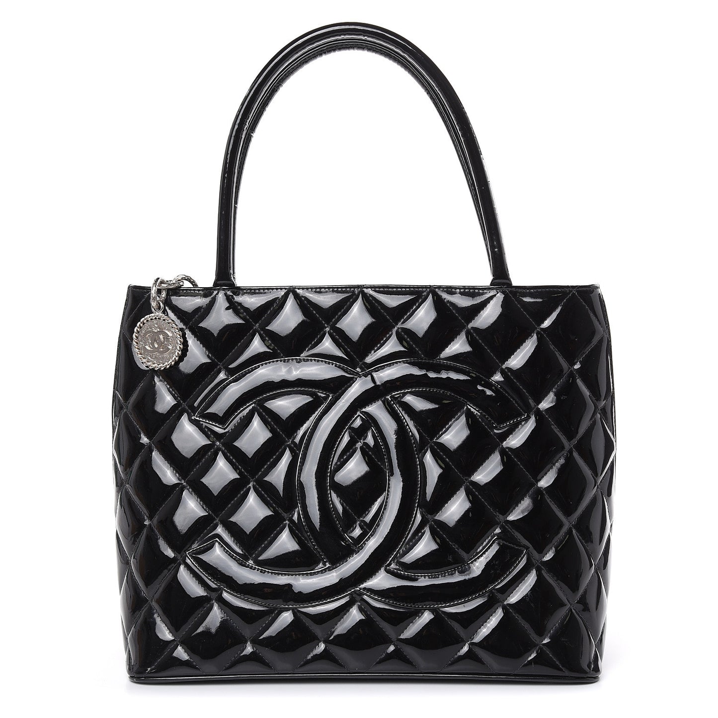 Patent Quilted Medallion Tote Black