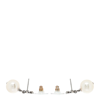 Chanel Crystal Pearl CC Drop Earrings Silver Pearly White 3 of 4
